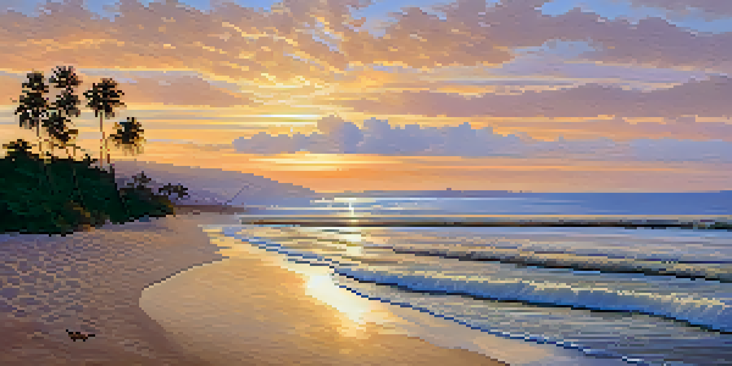 A serene sunset at Butterfly Beach with golden sands and gentle waves reflecting warm sunset colors, framed by palm trees.