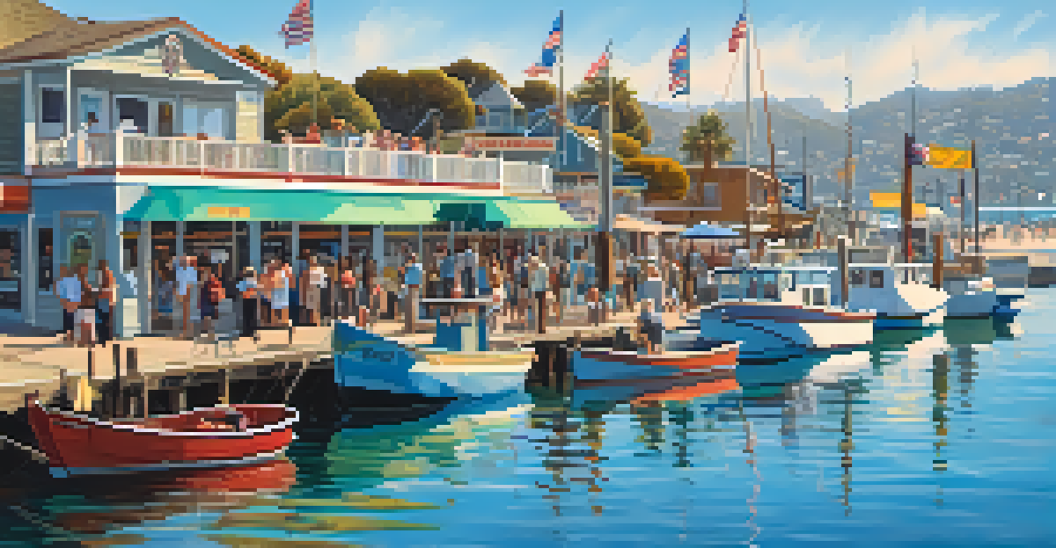 A lively scene at Stearns Wharf with fishing boats and ghostly figures near the water.