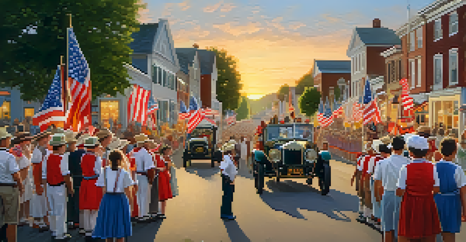 A cheerful local history parade with colorful floats and participants in costumes, set against a sunset backdrop.