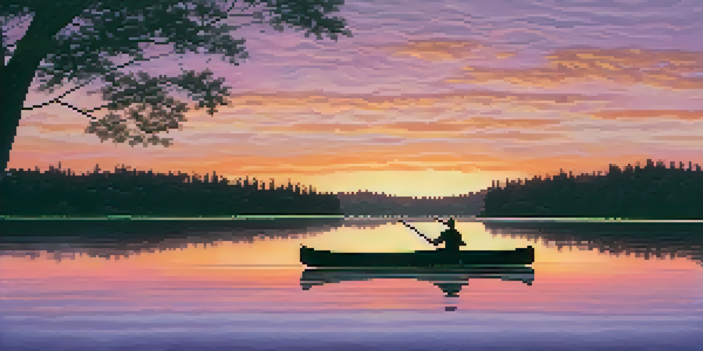 A beautiful sunset over a calm lake with colorful reflections, framed by silhouettes of trees and a canoe.