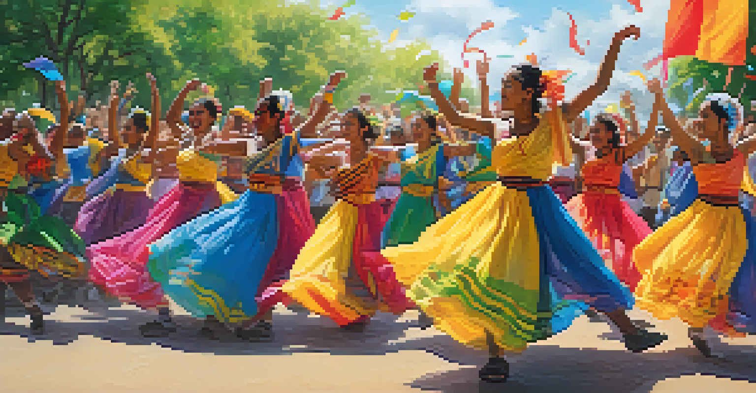 A community dance festival with diverse dancers performing in colorful costumes, surrounded by an enthusiastic audience and green scenery.
