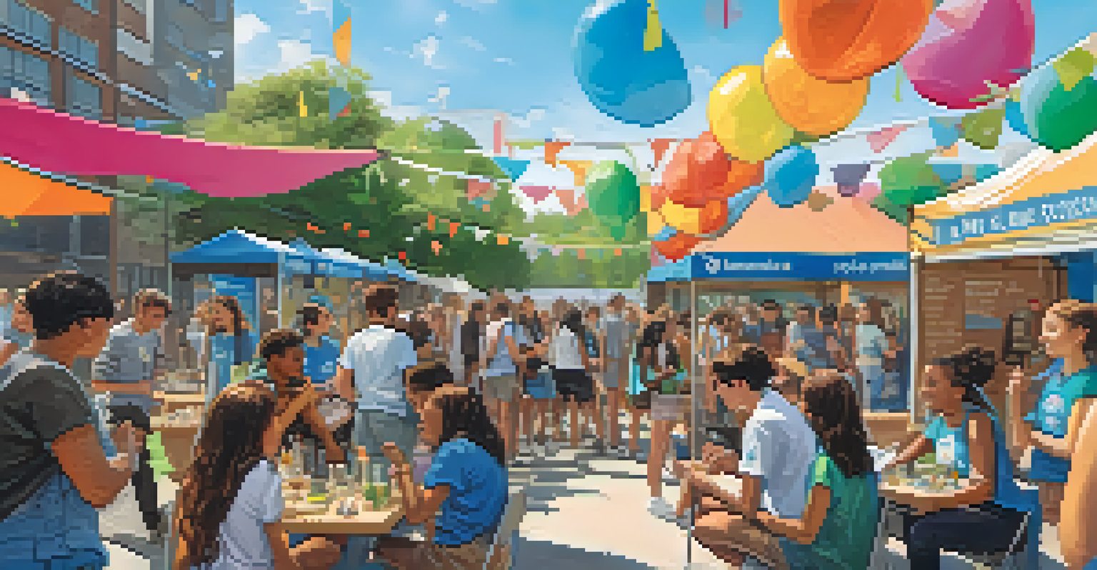 An outdoor event featuring youth-led initiatives on climate change and social justice, with colorful booths and young people engaging with one another.