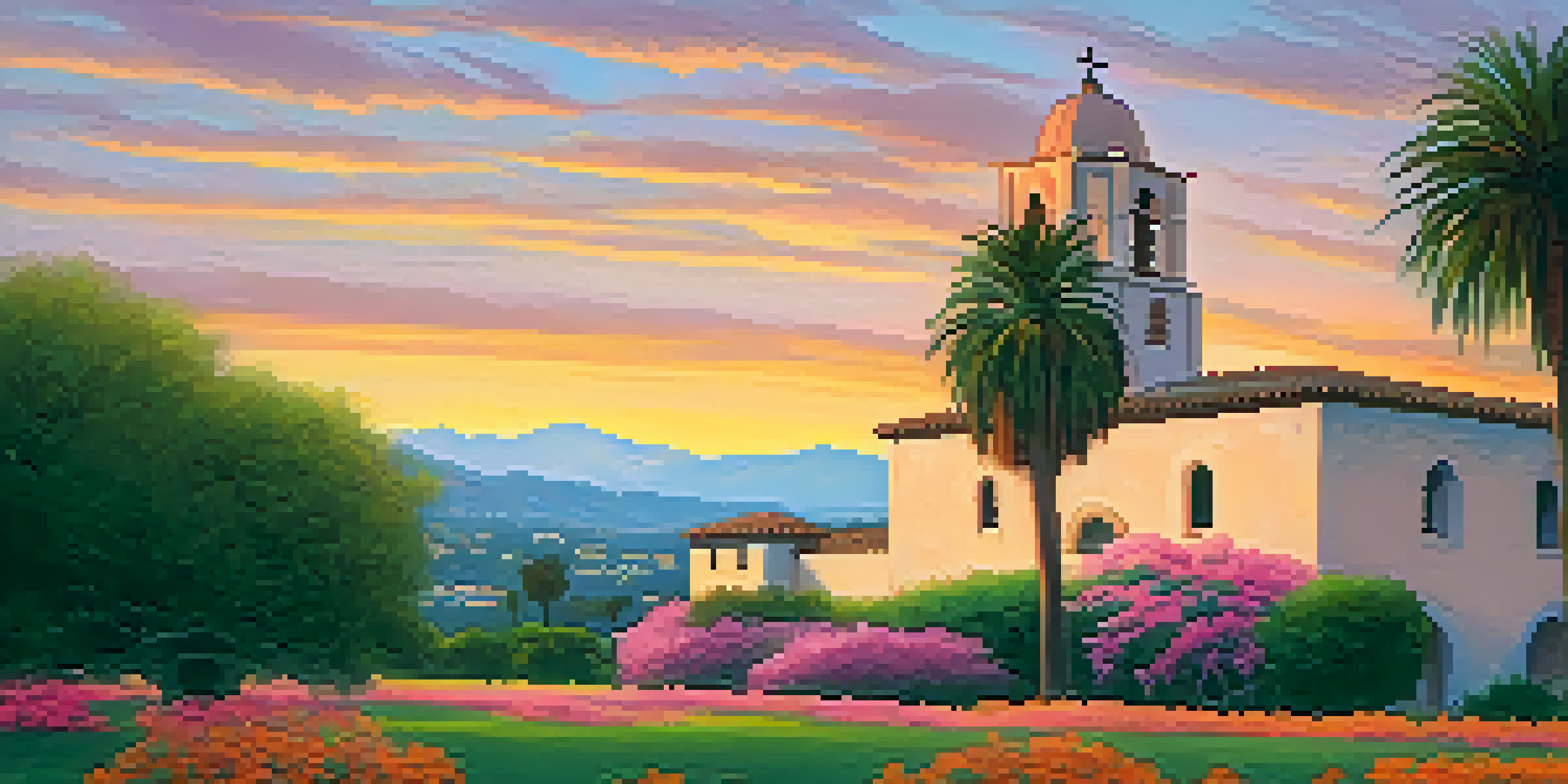 A picturesque sunset view of the Santa Barbara Mission, highlighting its adobe architecture surrounded by green plants and colorful flowers.