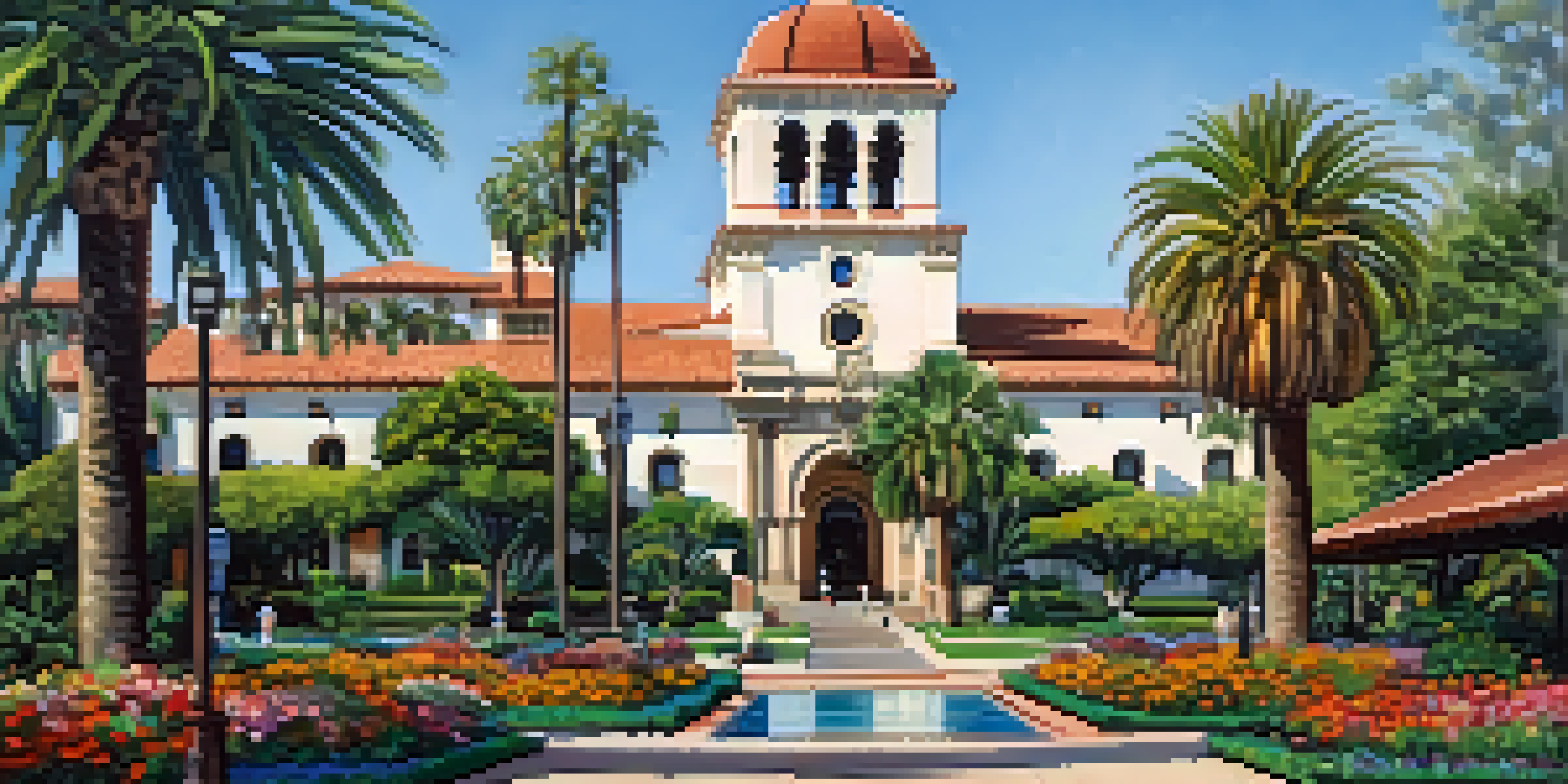 A colorful Santa Barbara Courthouse with gardens and clock tower against a clear blue sky.