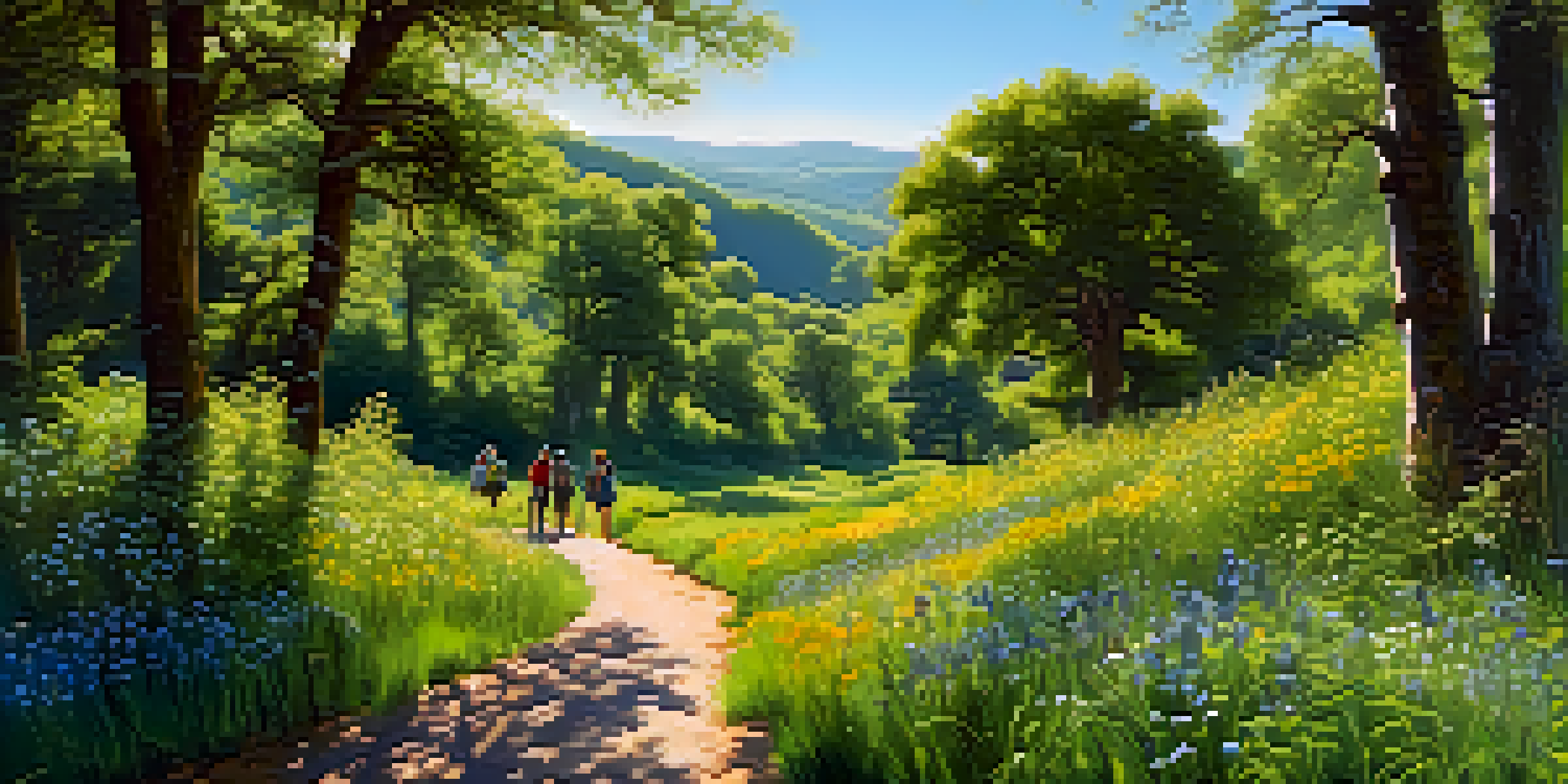 A group of eco-tourists walking in a green valley with wildflowers and a guide pointing out plants, under a blue sky with sunlight filtering through trees.