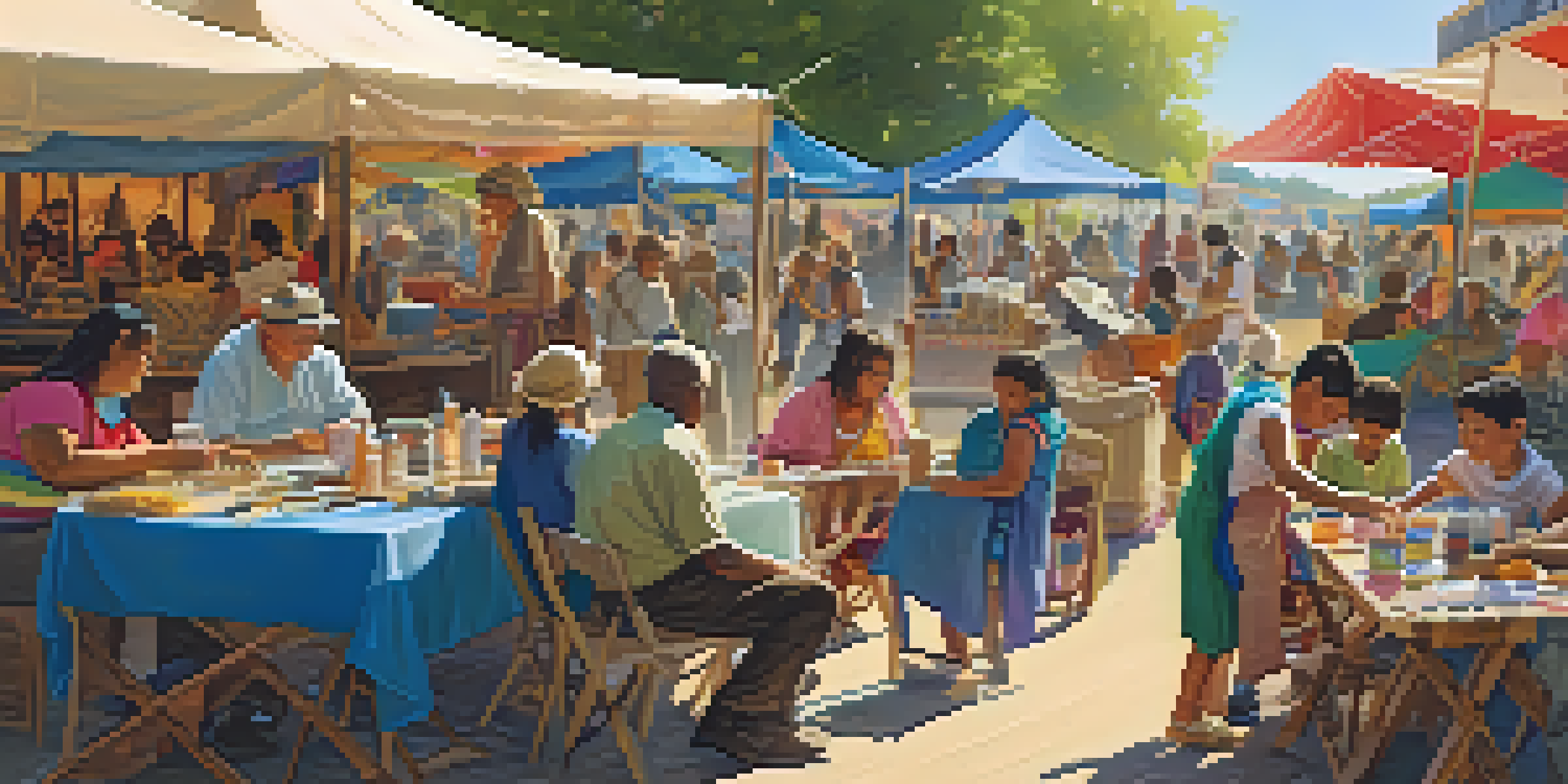 A lively festival atmosphere with diverse community members sharing crafts and stories under colorful tents.