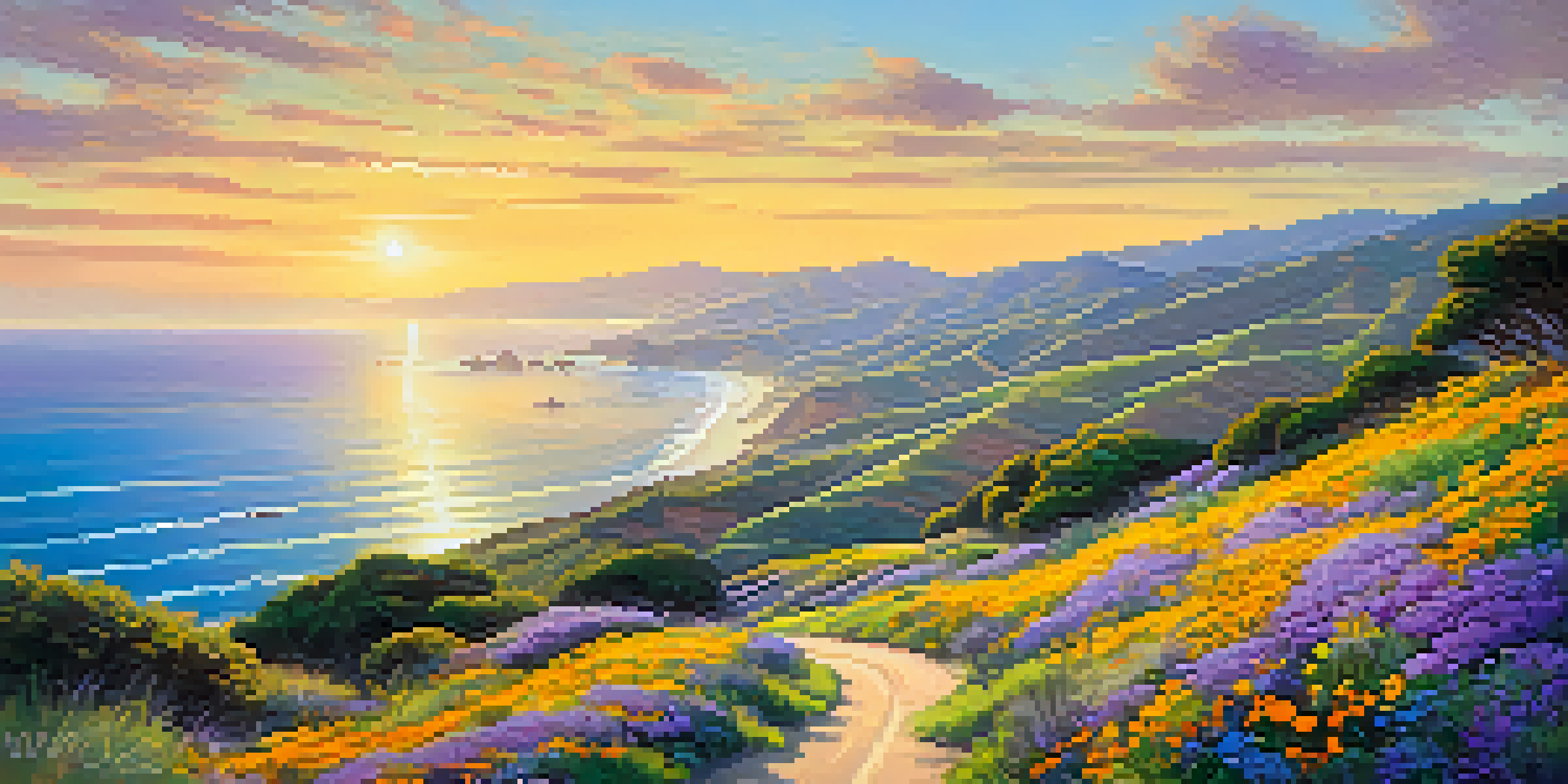 A colorful spring landscape with wildflowers and the Pacific Ocean in the background, showcasing a sunny day and a winding road.
