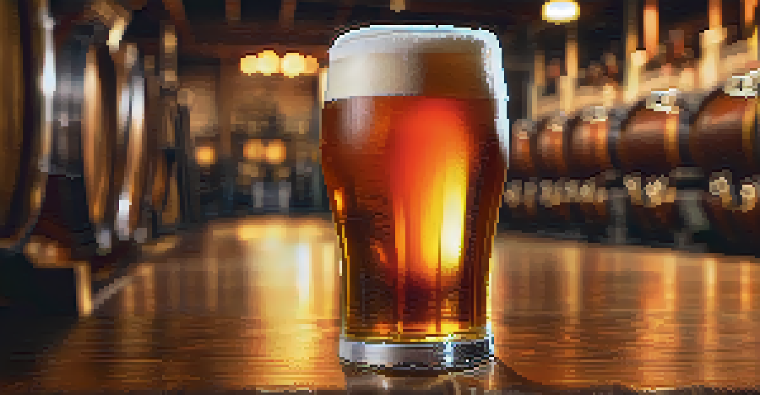 A close-up view of a pint of amber beer on a bar, showcasing its frothy head and rich color.