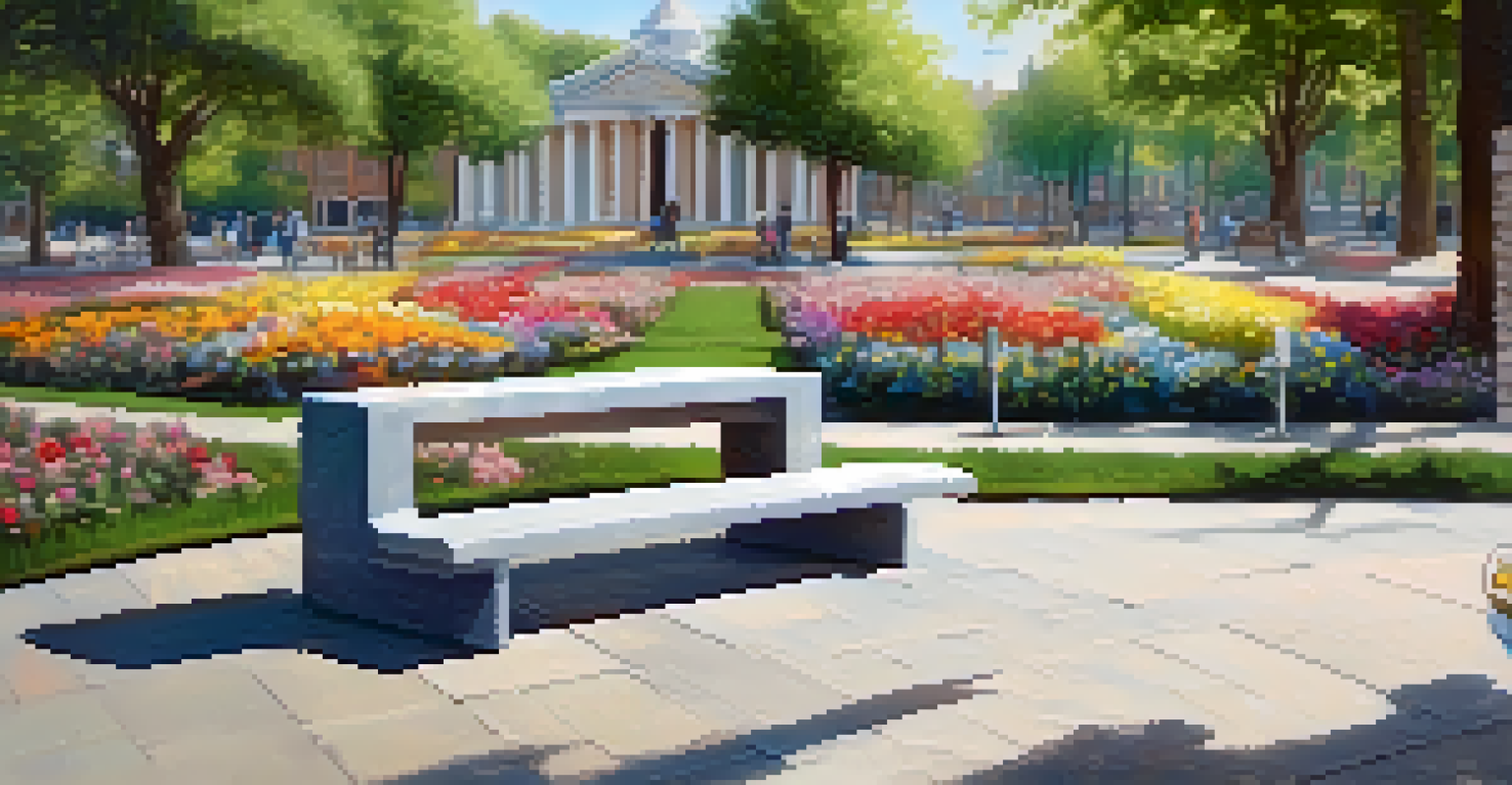 An artistic sculpture symbolizing unity and diversity in a public square, surrounded by flowers and benches.