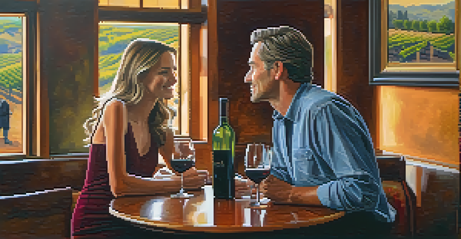 An interior view of a tasting room in a vineyard, showcasing local artwork and a couple enjoying wine.