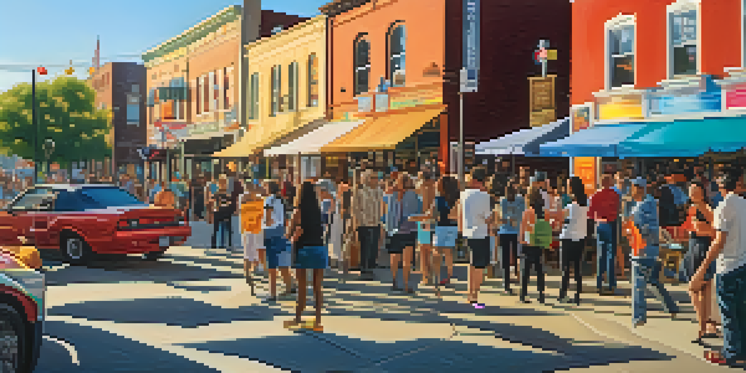 A bustling street scene during an art walk with people admiring colorful murals and art installations under warm evening light.