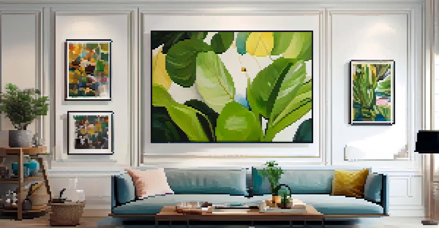 A family art wall showcasing colorful artworks displayed in various frames, with a potted plant below.