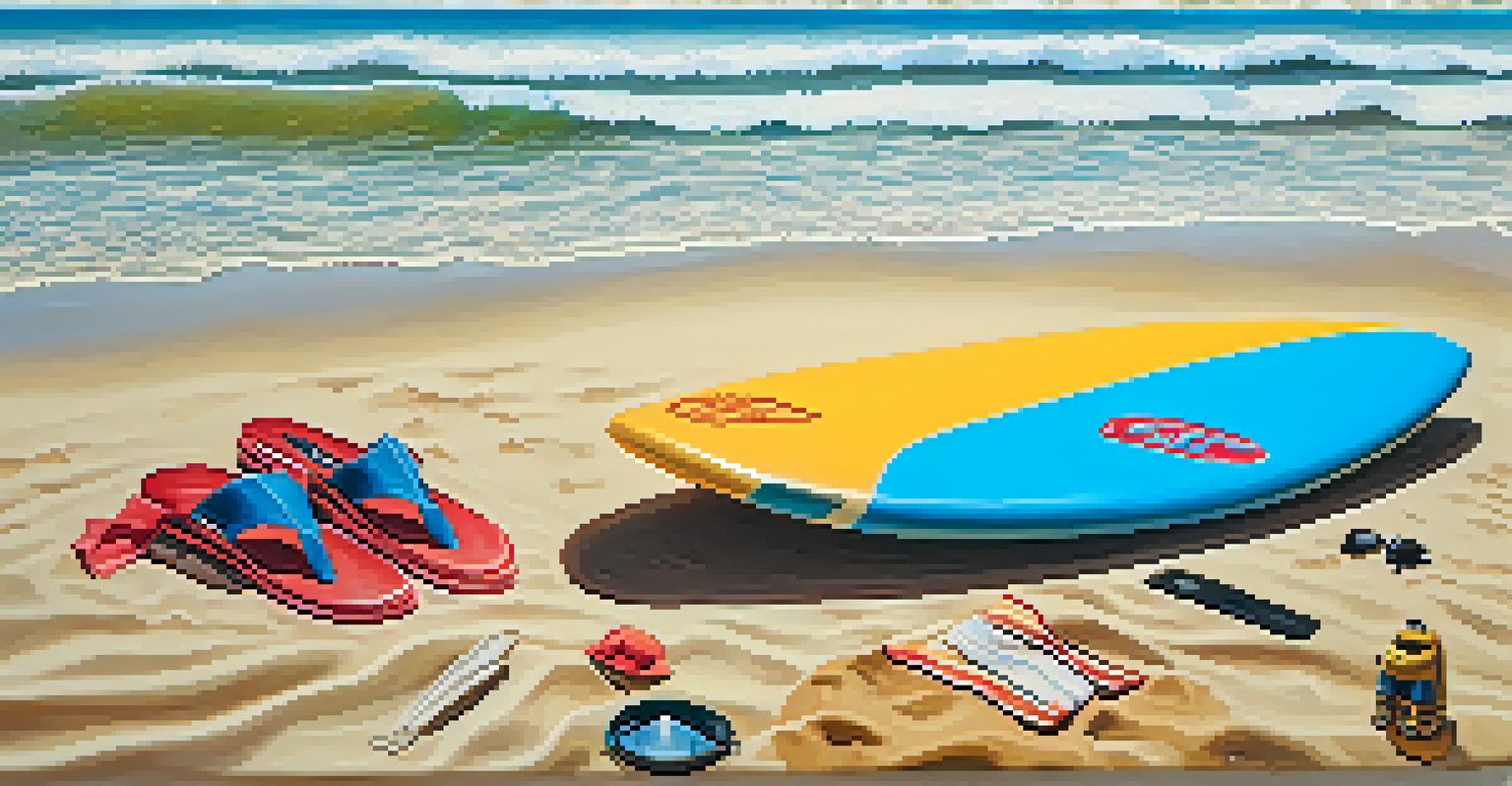 A close-up of surfing gear on the sand, including a surfboard, wetsuit, booties, and sun hat, with ocean waves in the background.