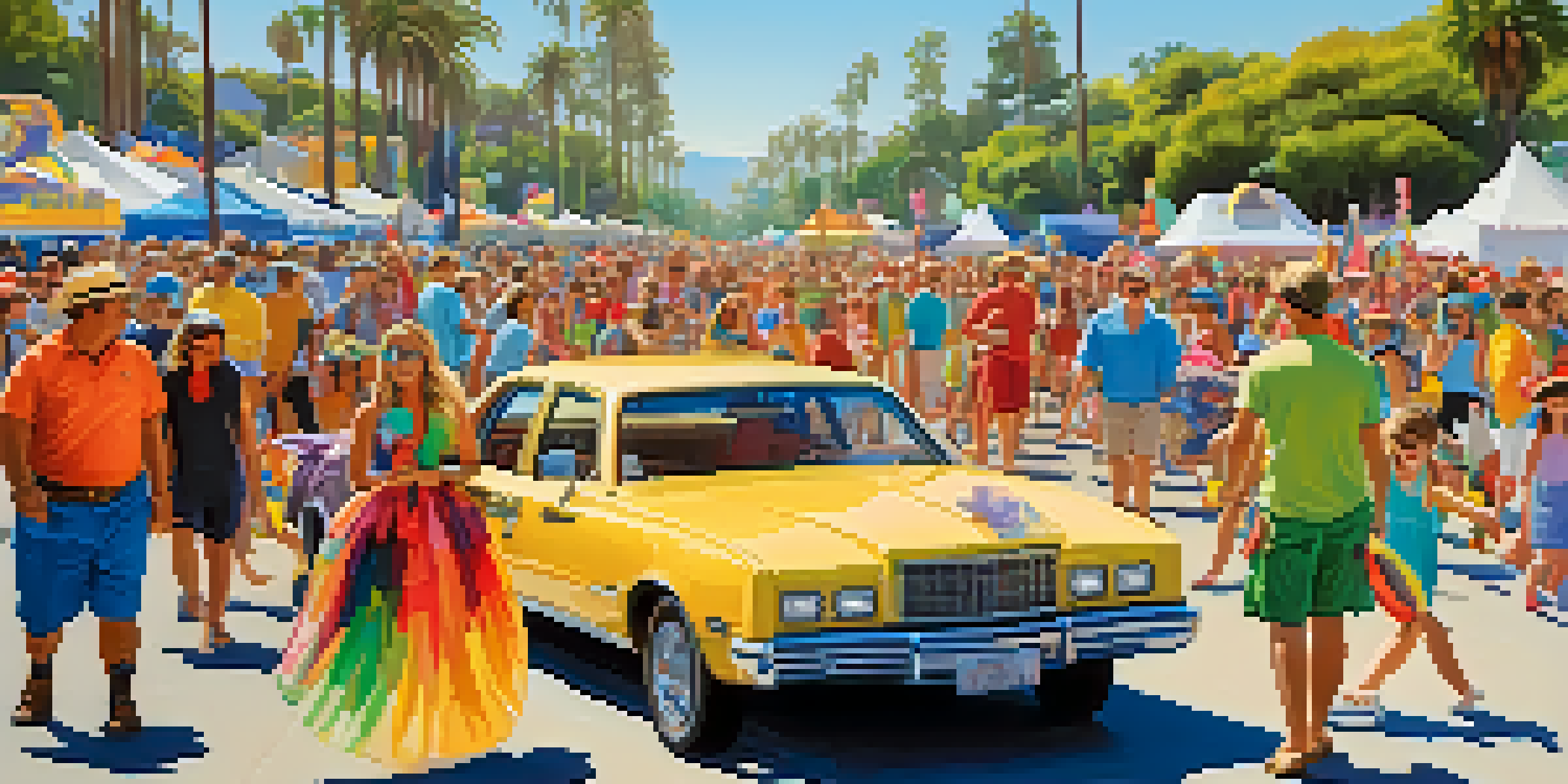 A lively family music festival with colorful floats and costumes, featuring families enjoying performances in a sunny park with palm trees.