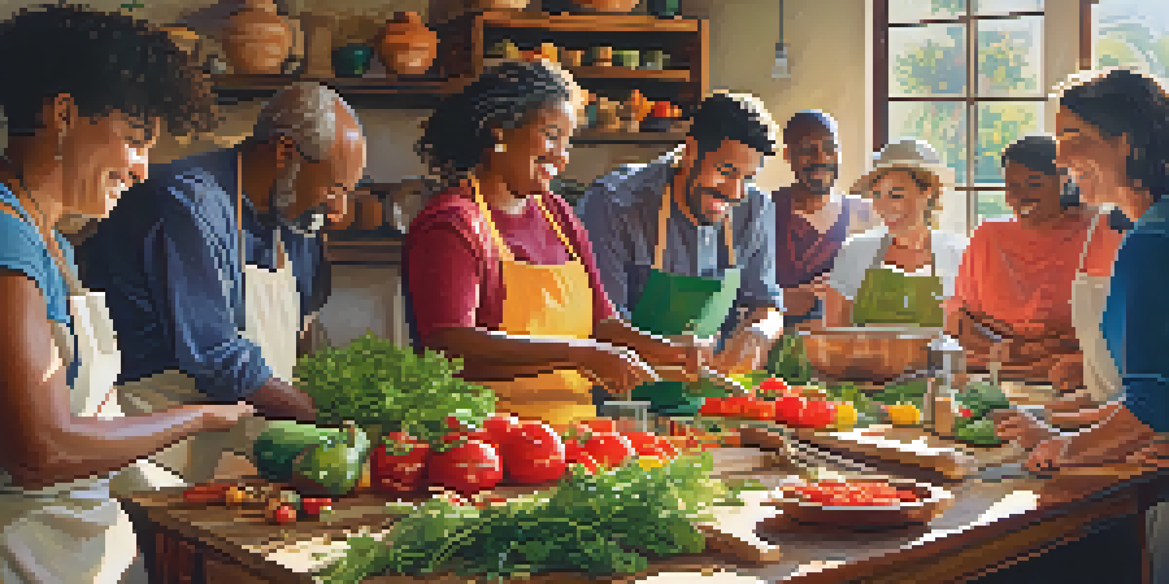A lively cooking workshop in Santa Barbara with participants chopping fresh vegetables at a large wooden table, filled with colorful ingredients and sunlight pouring in through the windows.