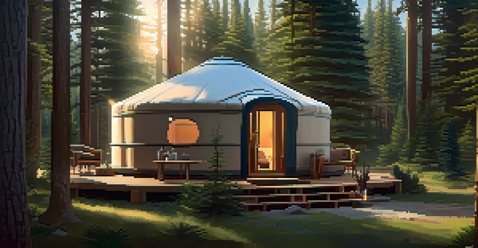 A cozy yurt in a forest with stylish interior decor, surrounded by pine trees and dappled sunlight.