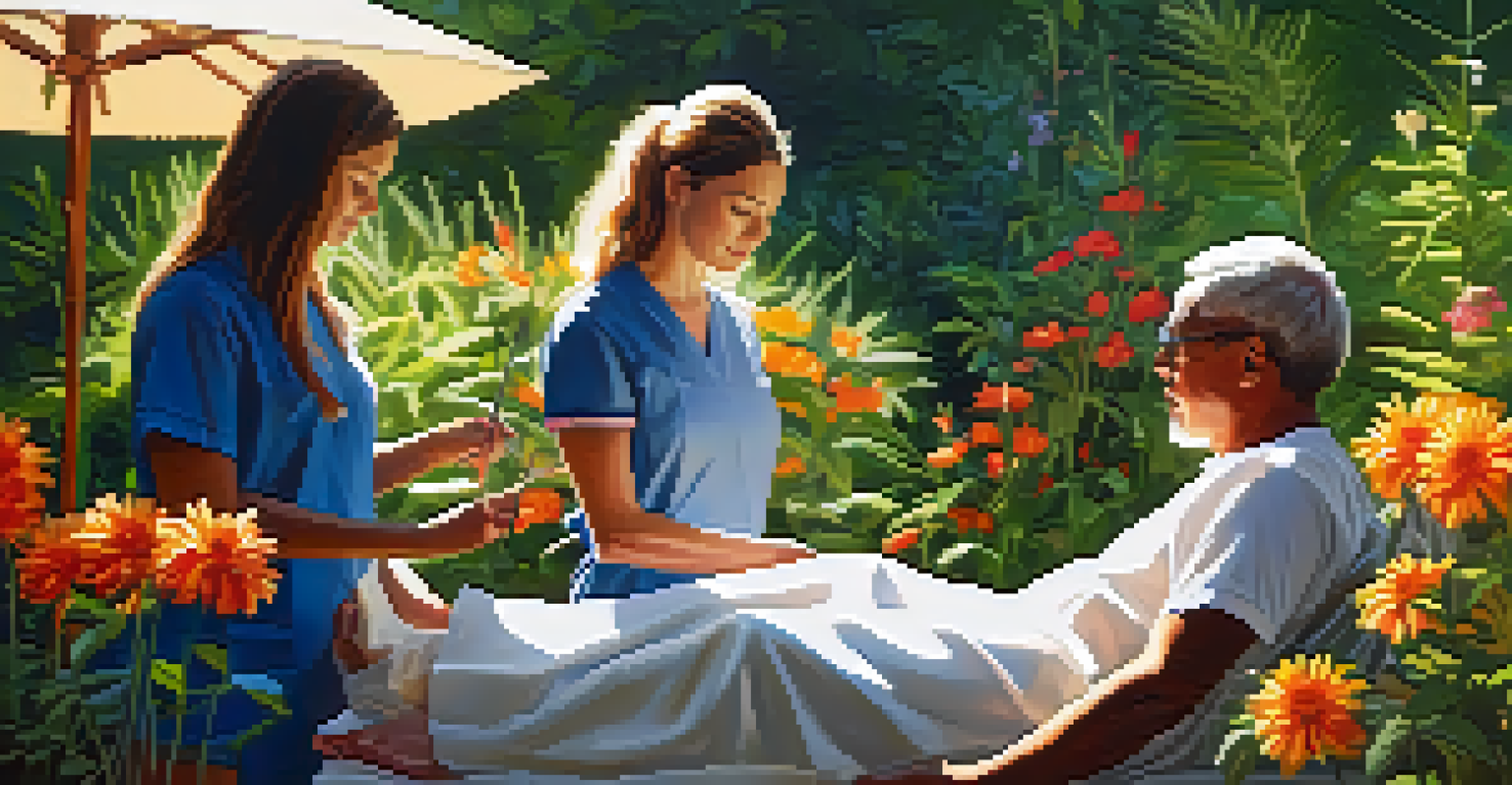 An outdoor acupuncture session in a sunlit garden with flowers and greenery, featuring a practitioner and a client.