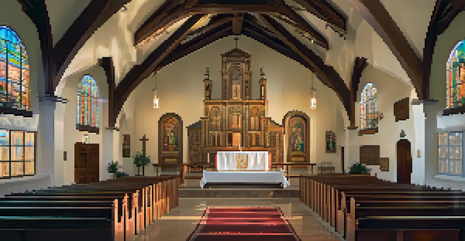 The interior of Mission Santa Barbara chapel showcasing an intricately designed altar and stained glass windows.