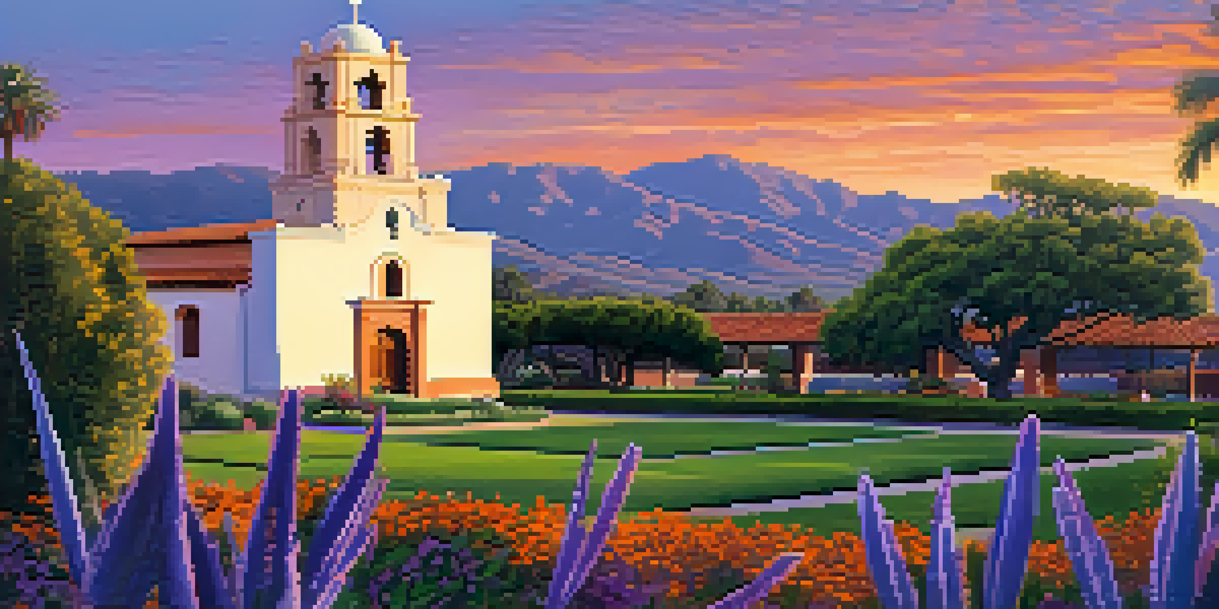 A picturesque sunset view of Santa Barbara Mission, highlighting its adobe structure and bell tower, surrounded by vibrant gardens.
