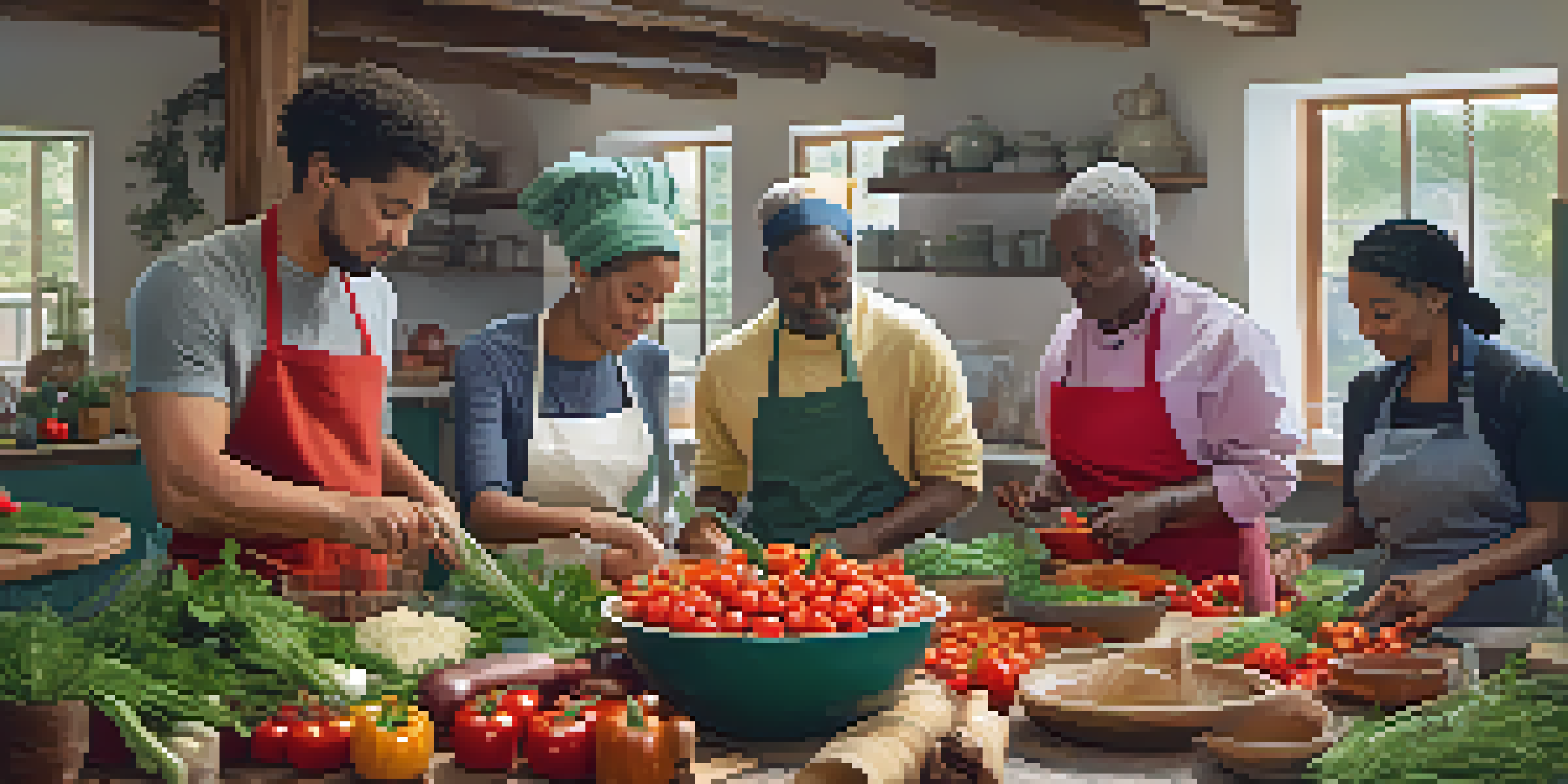 A diverse group of people engaged in a cooking workshop, chopping vegetables and herbs in a warm, inviting kitchen.