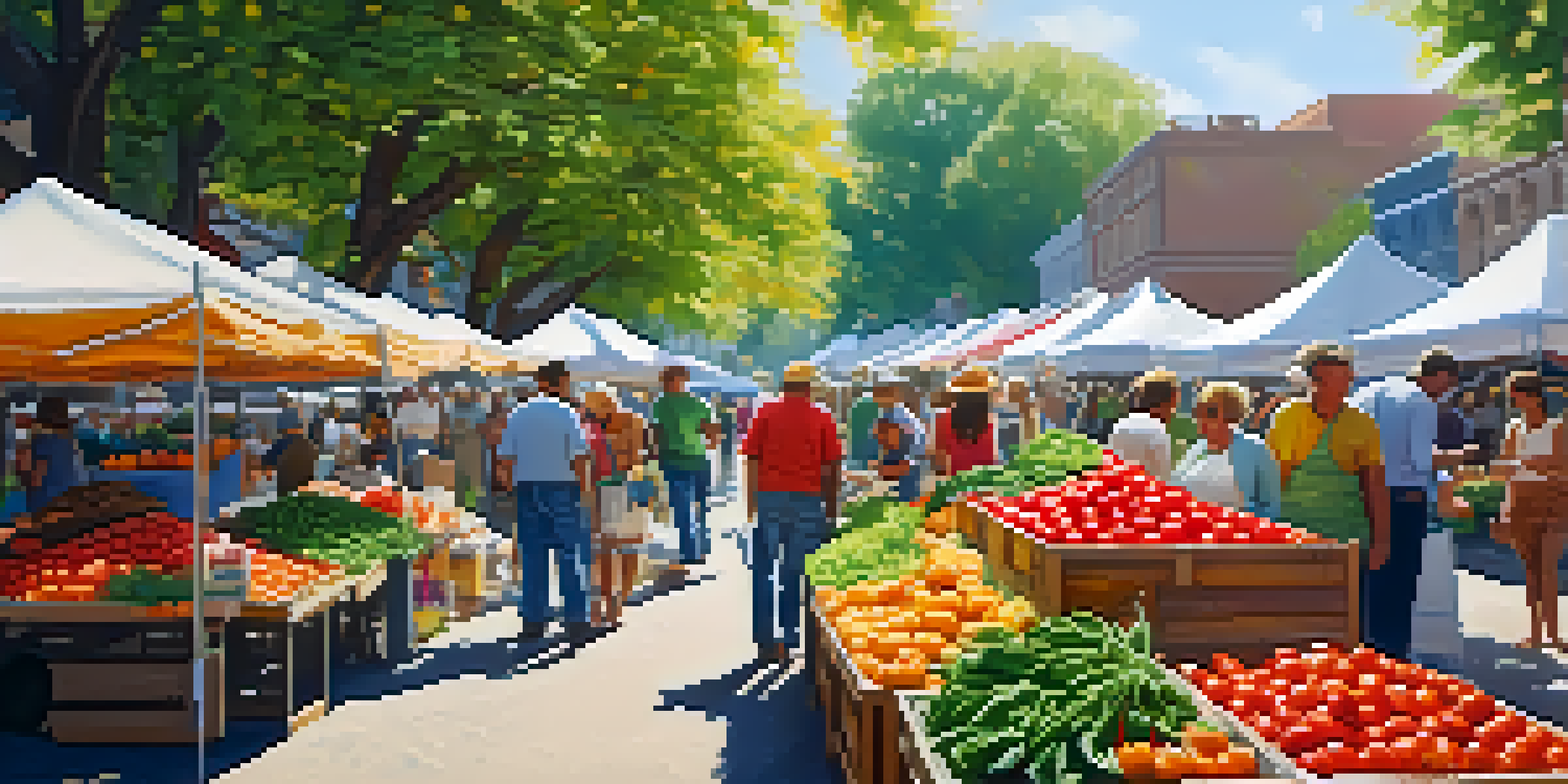 A bustling farmer's market with colorful stalls filled with fresh fruits and vegetables, locals interacting with vendors, and artisanal products on display under a sunny sky.
