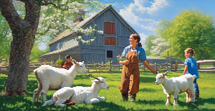 A joyful family interacting with baby goats on a sunny spring day at a farm.
