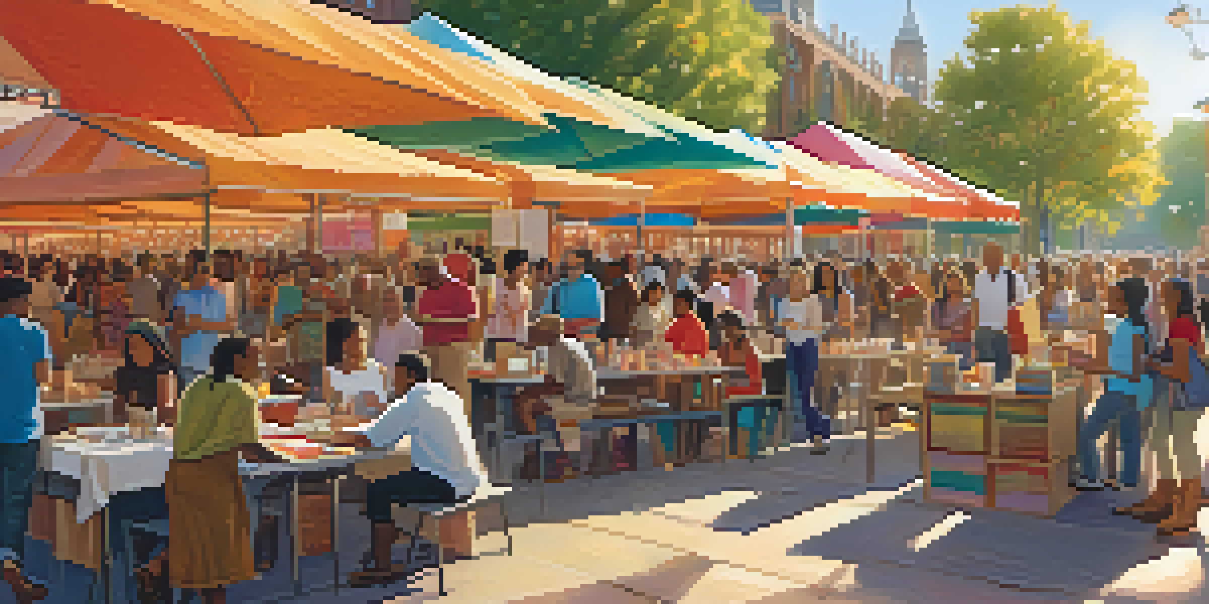 A lively literary festival with people talking and colorful book stalls, illuminated by warm sunlight.