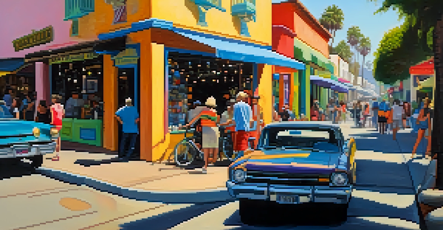 A lively street in the Funk Zone with colorful murals, art installations, and people enjoying the vibrant atmosphere.