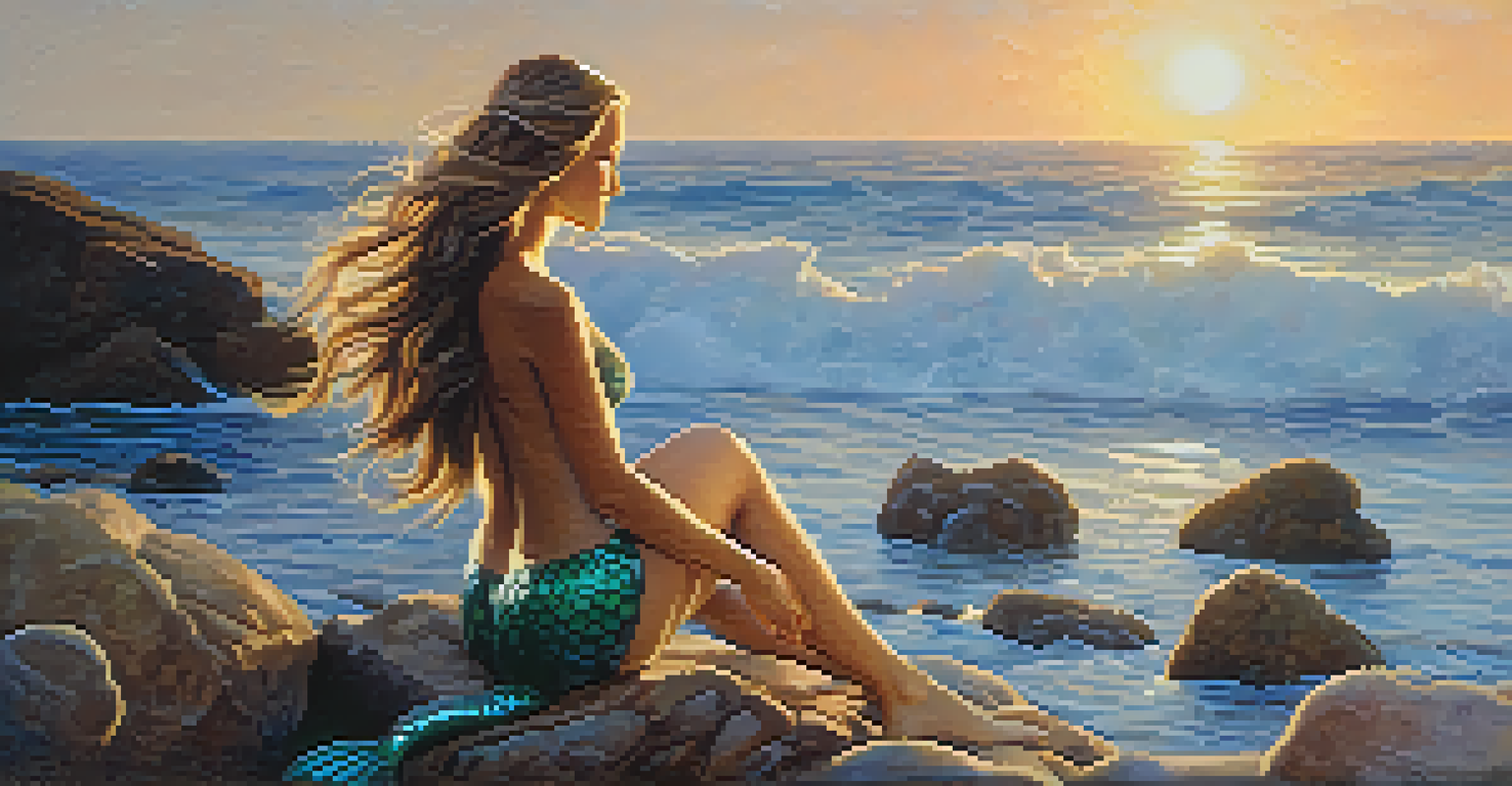 A mermaid sitting on a rocky shore, looking out at the ocean during sunset.