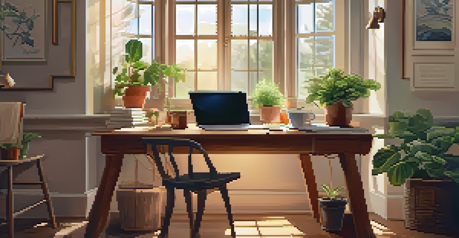 A comfortable home office with a desk, laptop, tea, and motivational quotes on the walls.