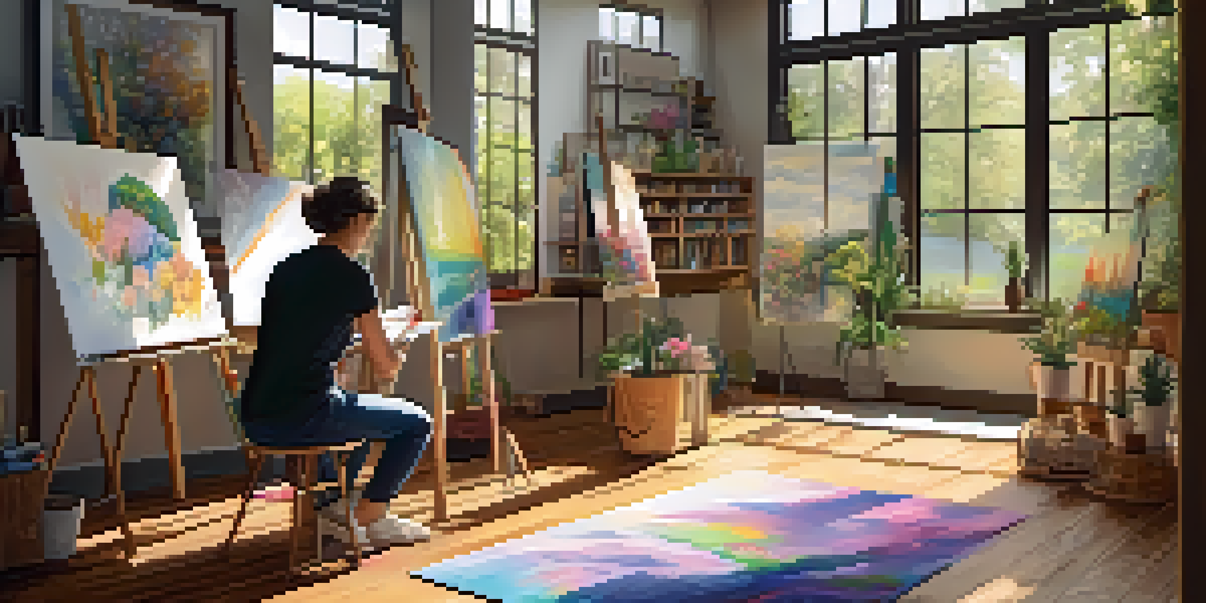 An artist sketching a landscape in a bright art studio filled with art supplies and a view of a garden.