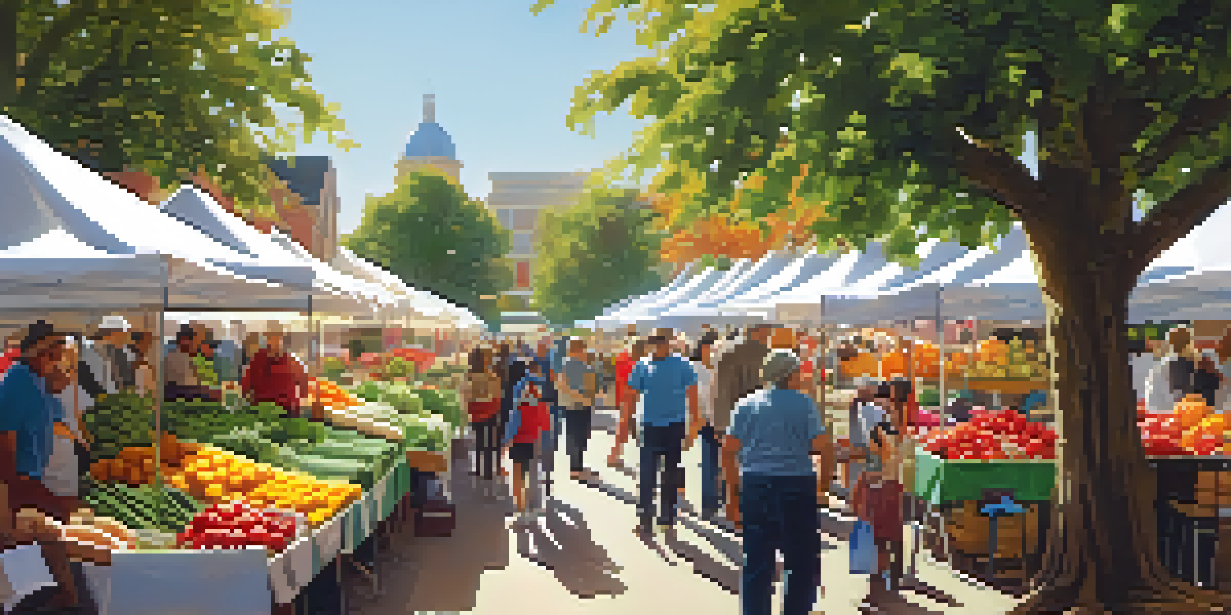 A busy farmers' market with colorful stalls, fresh produce, and people chatting and shopping.