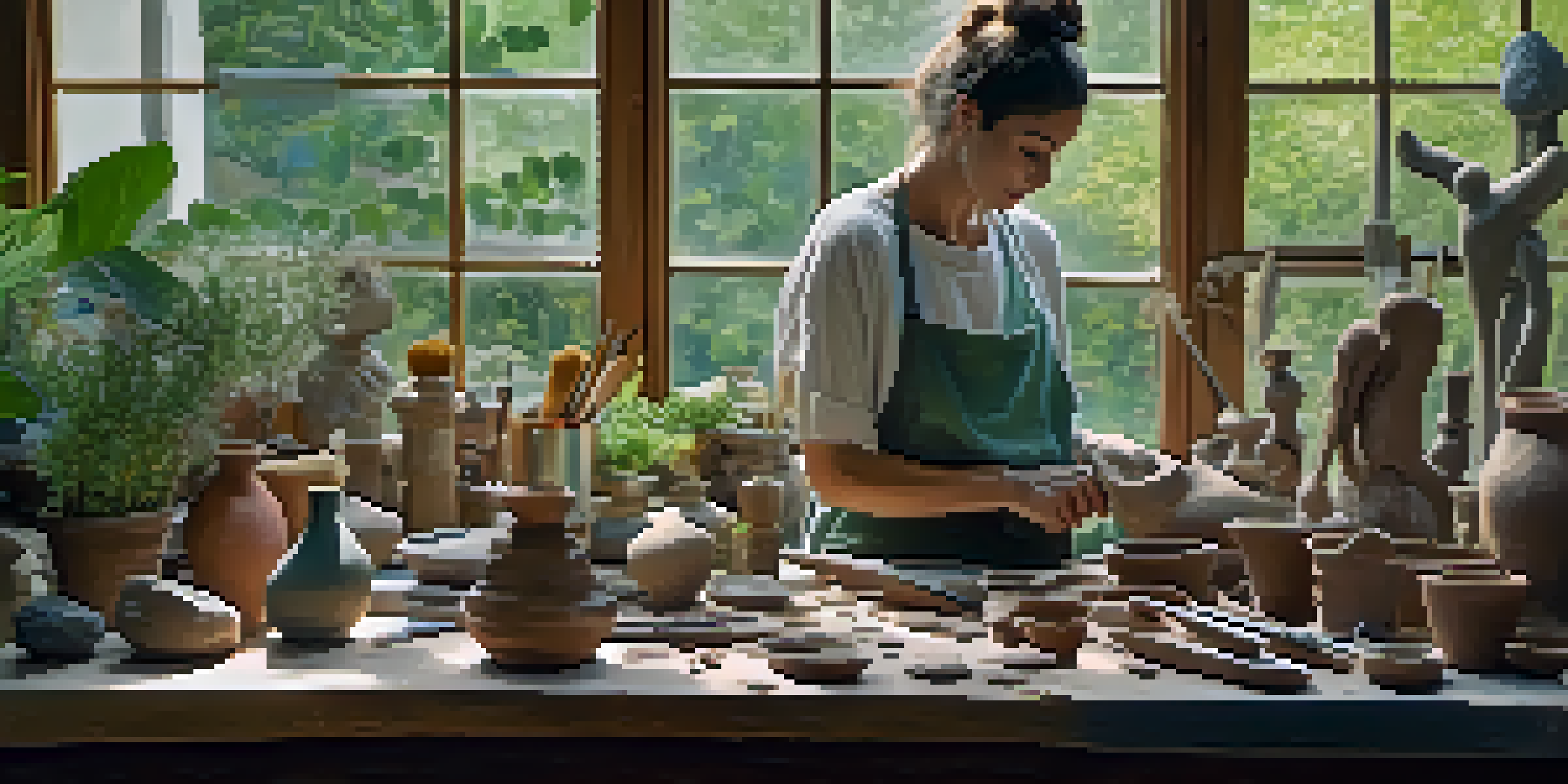 An art studio with a sculptor working on a clay figure, surrounded by tools and materials, with a view of a garden through large windows.
