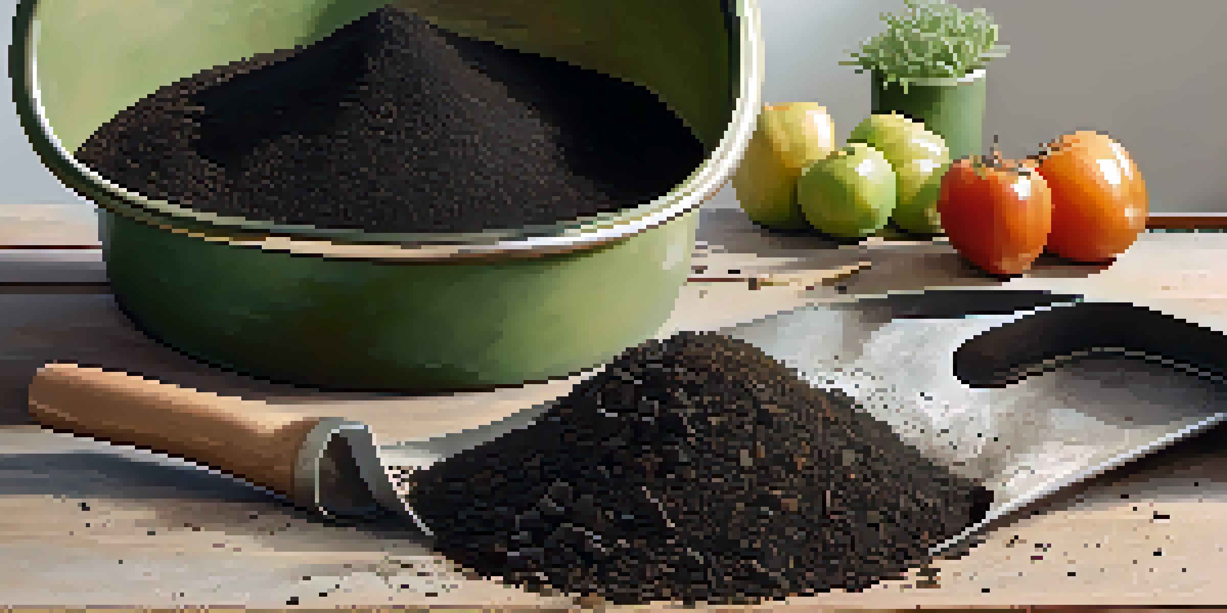 A close-up of dark, crumbly compost being sifted with a garden fork, surrounded by gardening tools.