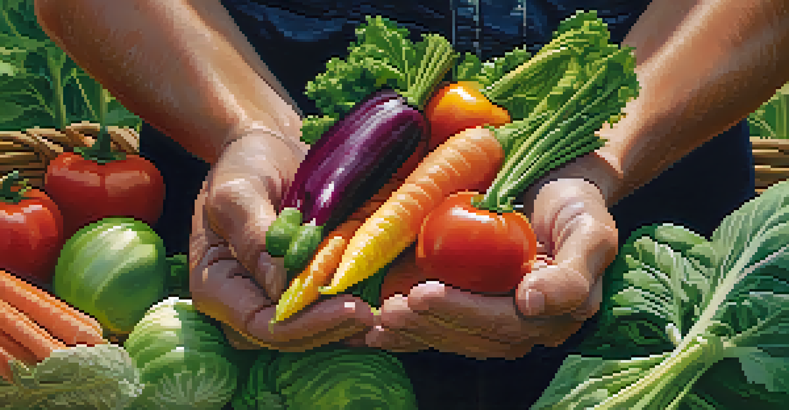 A farmer's hands holding freshly harvested organic vegetables with a blurred sustainable farm background.