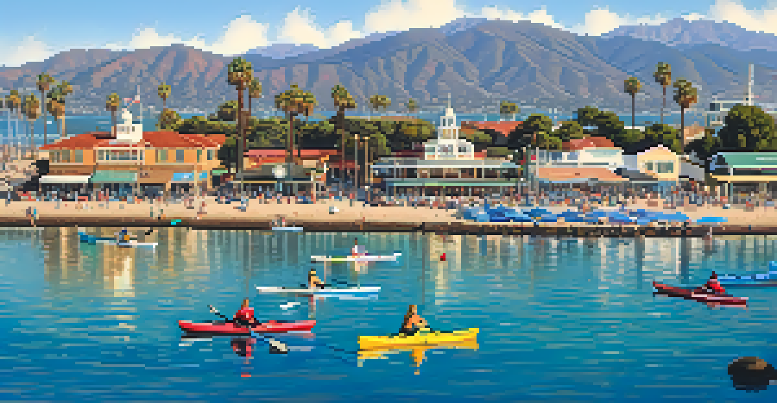 Aerial view of Stearns Wharf with kayakers in the water, the Santa Barbara skyline and mountains in the background, illuminated by the late afternoon sun.