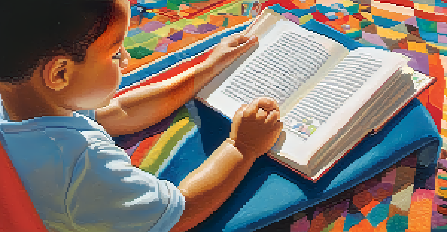 A close-up of a volunteer holding a child's hand while reading a book in a colorful classroom.