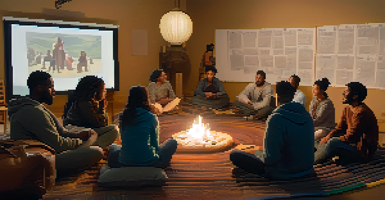A diverse group of people seated in a discussion circle after a film screening, engaging in conversation with a warm ambiance and a whiteboard in the background.