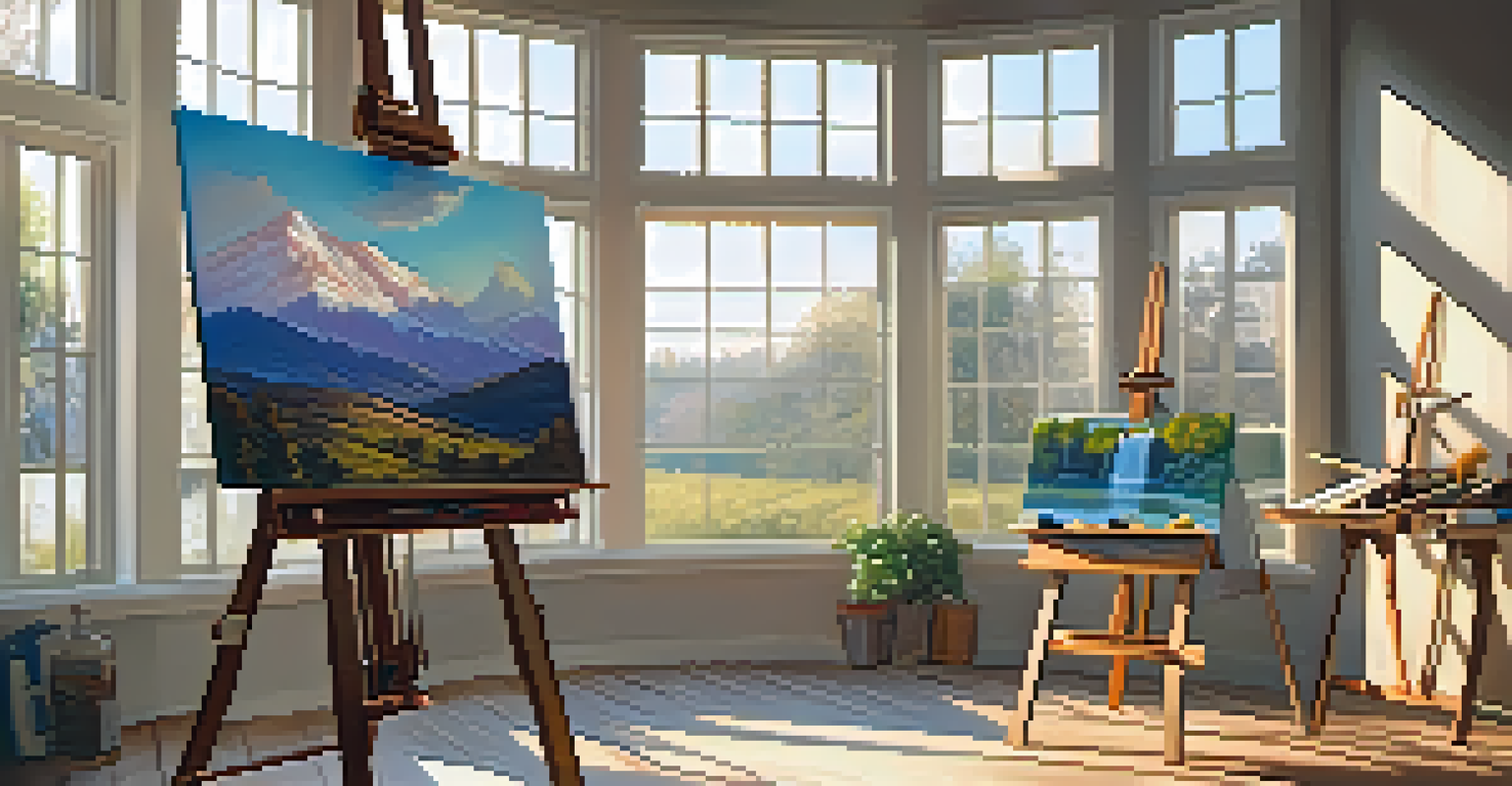 A bright art studio with an easel, a landscape painting in progress, and colorful artworks on the walls.