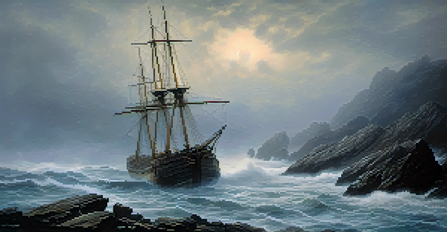 An old shipwreck on a rocky beach, with ghostly sailors in the mist.