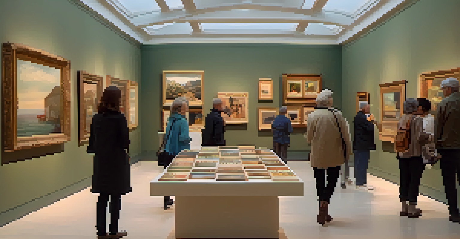 An art gallery filled with diverse artworks, with visitors discussing the pieces in a warm and inviting setting.