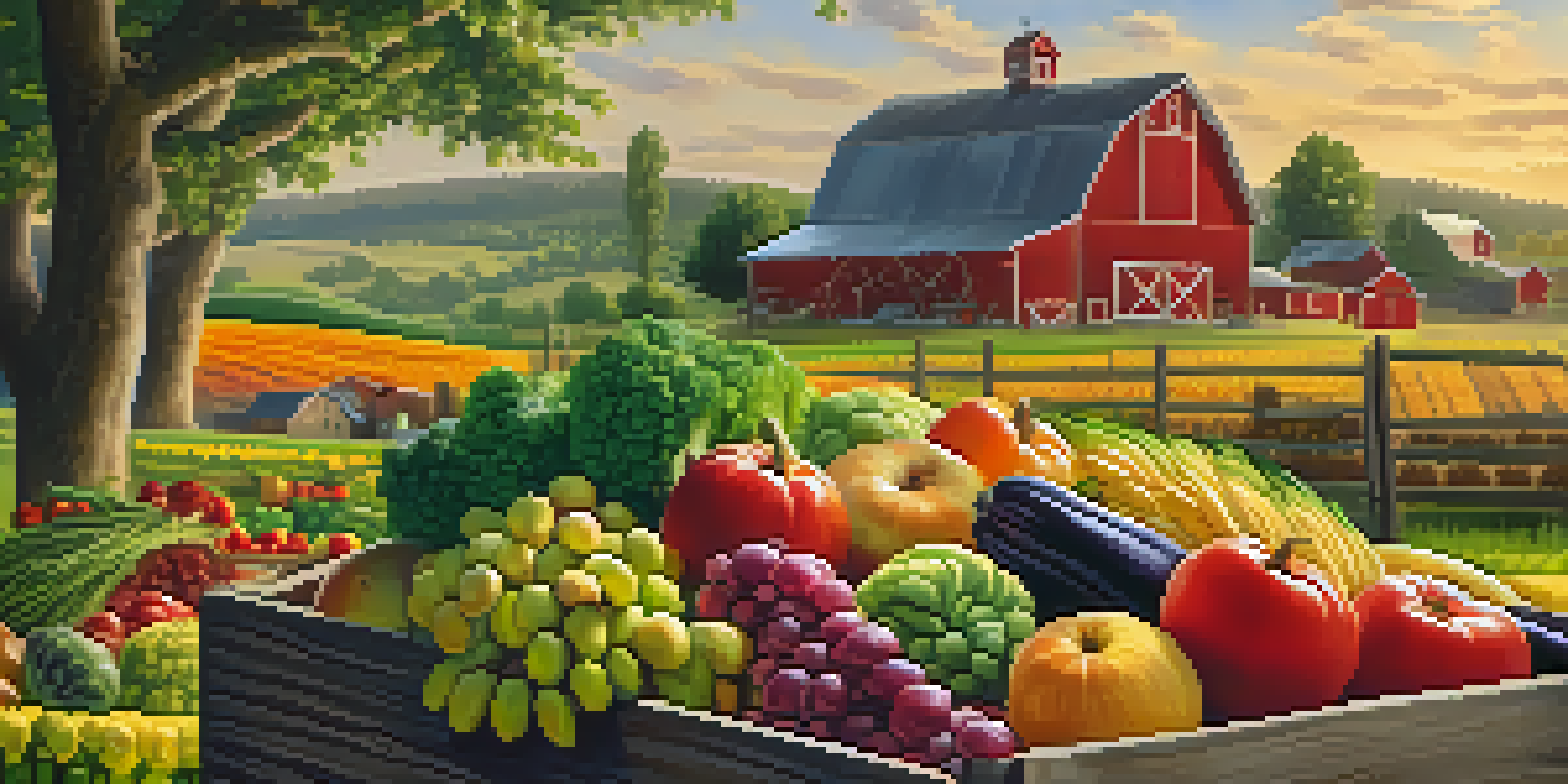 A colorful selection of fresh vegetables and fruits in a wooden crate on a sunlit farm, with a green field and a red barn in the background.