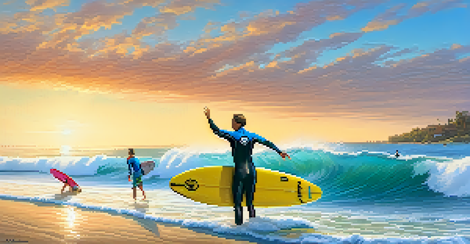 A surf instructor guiding a beginner in the ocean, both wearing wetsuits, with a small wave in the background on a sunny day.