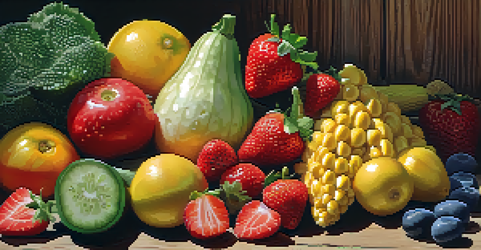 A close-up view of fresh seasonal fruits and vegetables on a rustic wooden table, showcasing their vibrant colors and textures under soft sunlight.