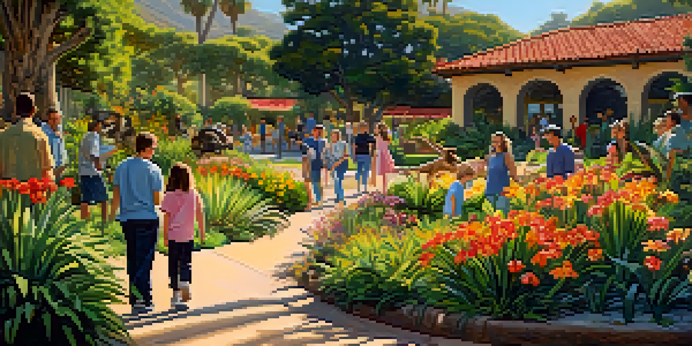 A family enjoying their visit to the Santa Barbara Zoo, observing playful monkeys surrounded by colorful flowers and greenery.