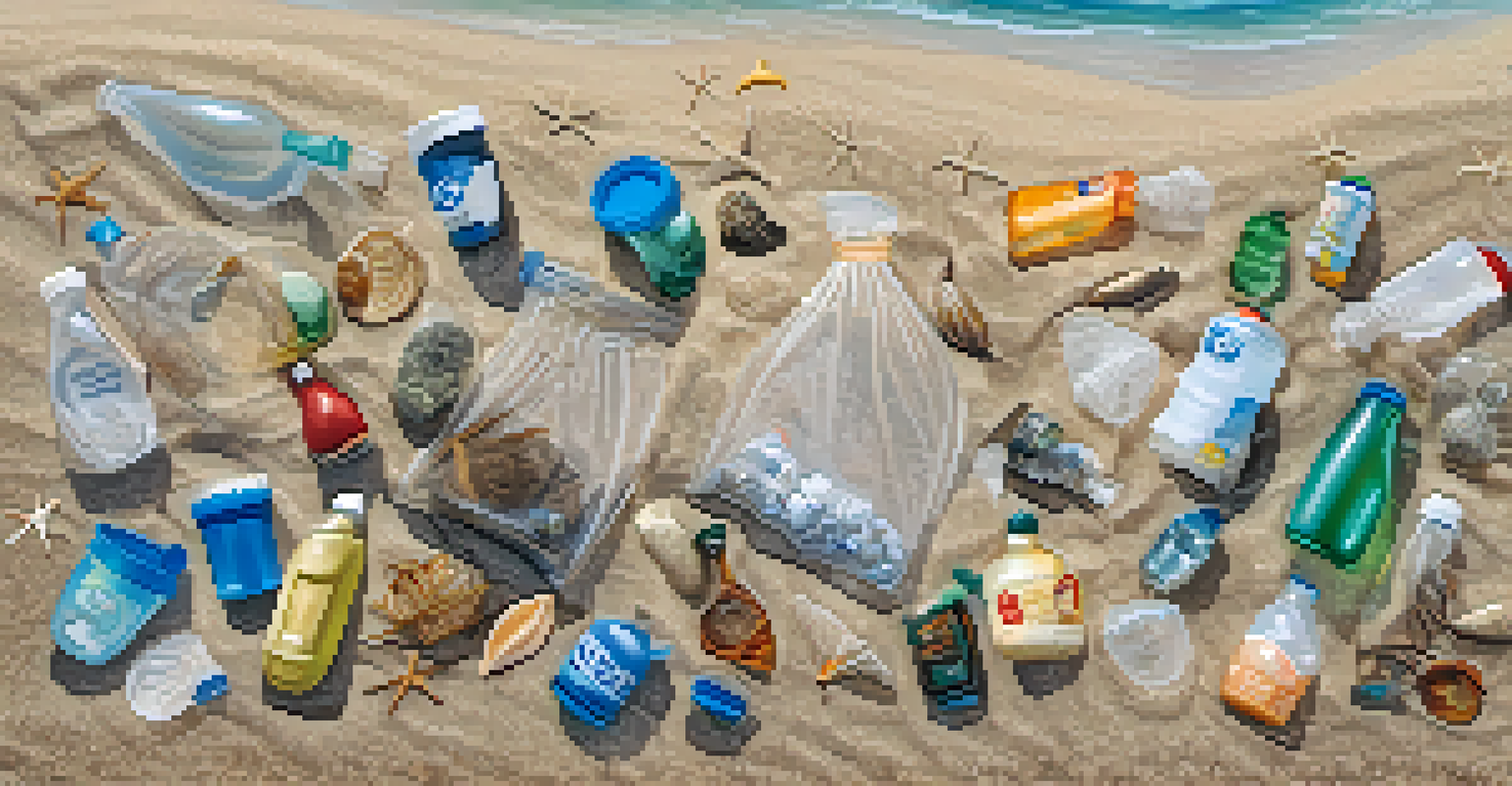 Close-up of a volunteer holding plastic waste collected from a beach, with the ocean in the background.