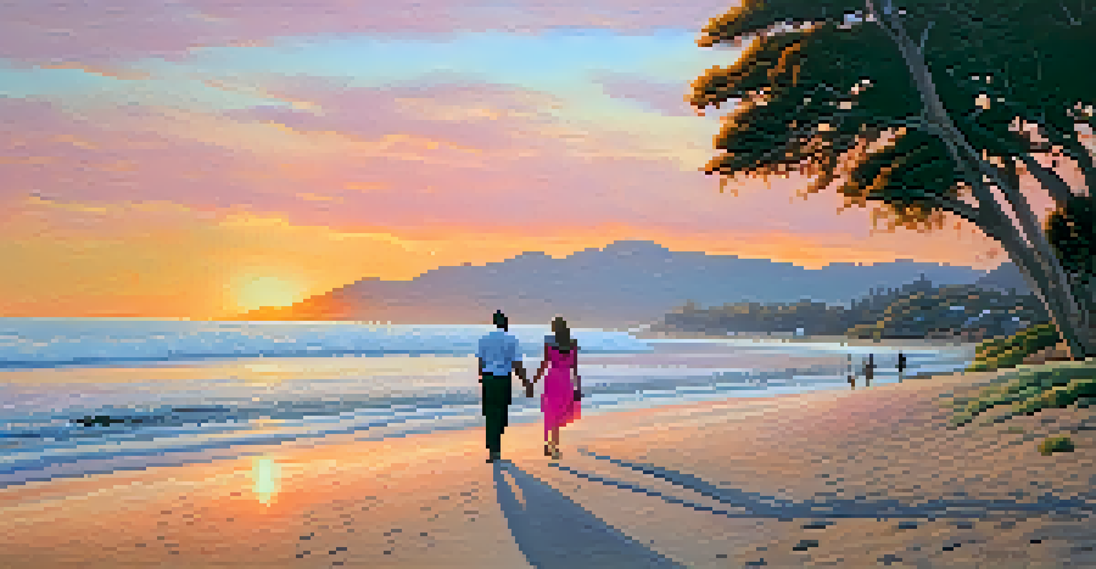 A romantic sunset at Butterfly Beach with couples strolling along the shore against a colorful sky.