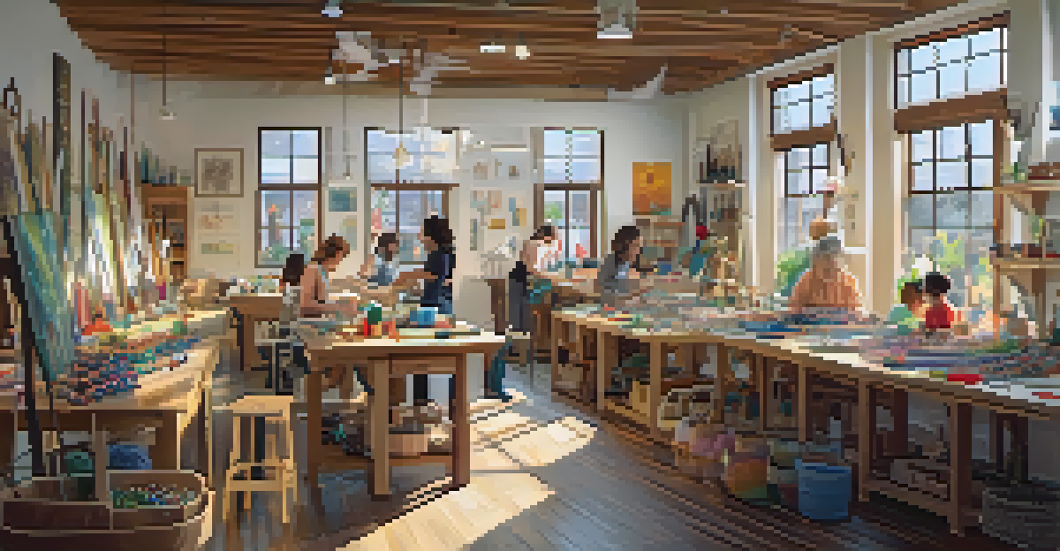 A craft workshop with tables of materials and people engaged in creating handmade jewelry and knitted items.