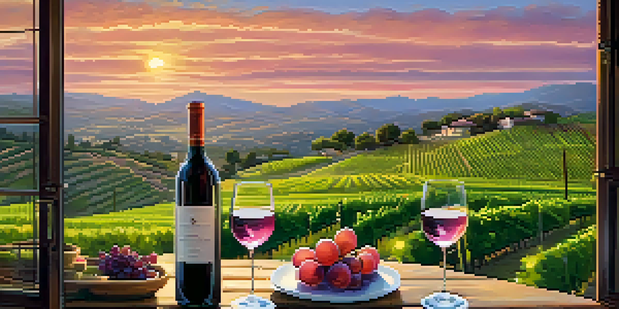 A scenic landscape of Santa Barbara's vineyards at sunset, featuring a wooden table with wine glasses and a bottle of Chardonnay.