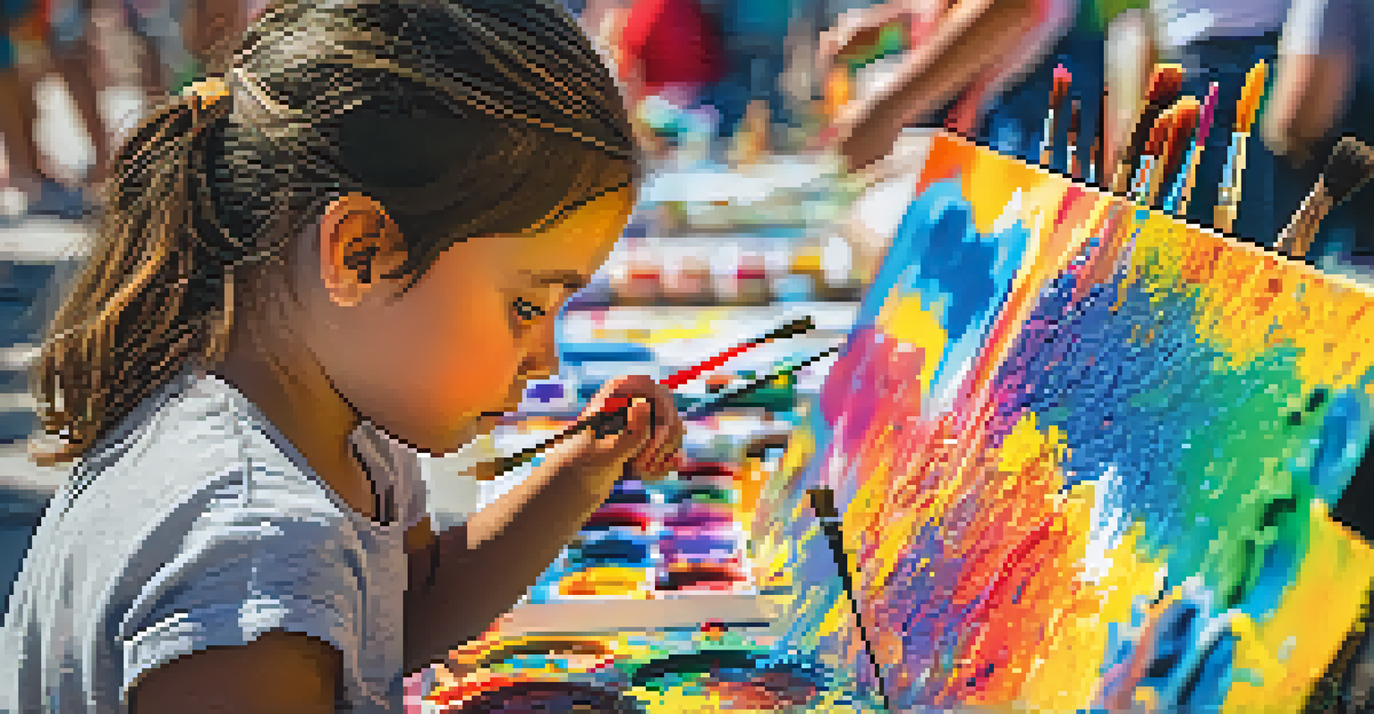 A child focused on painting at an outdoor art festival, surrounded by colorful paints.